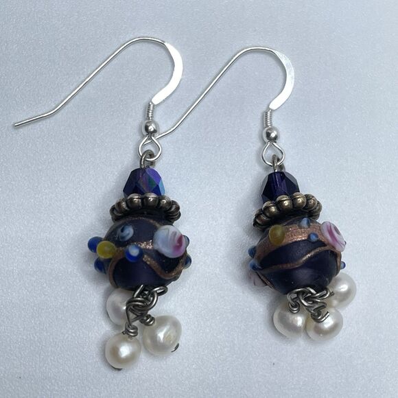 925 Sterling Silver Vintage Murano Wedding Cake Glass Beaded Pearl Earrings - Picture 4 of 6